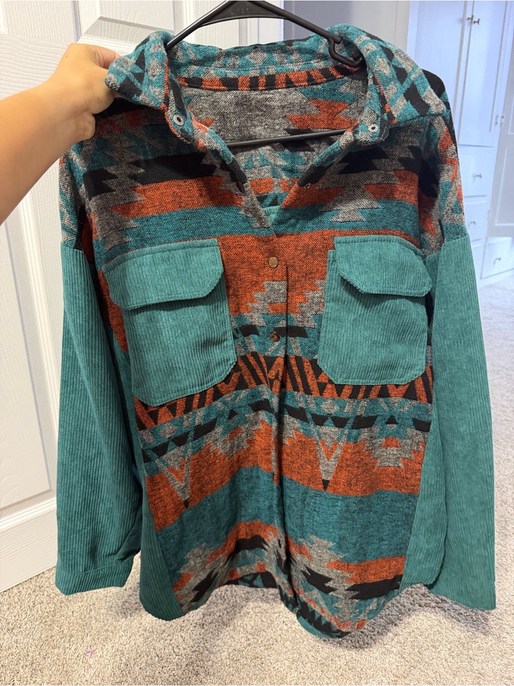 Teal & Rust Patterned Women’s Pullover Shacket